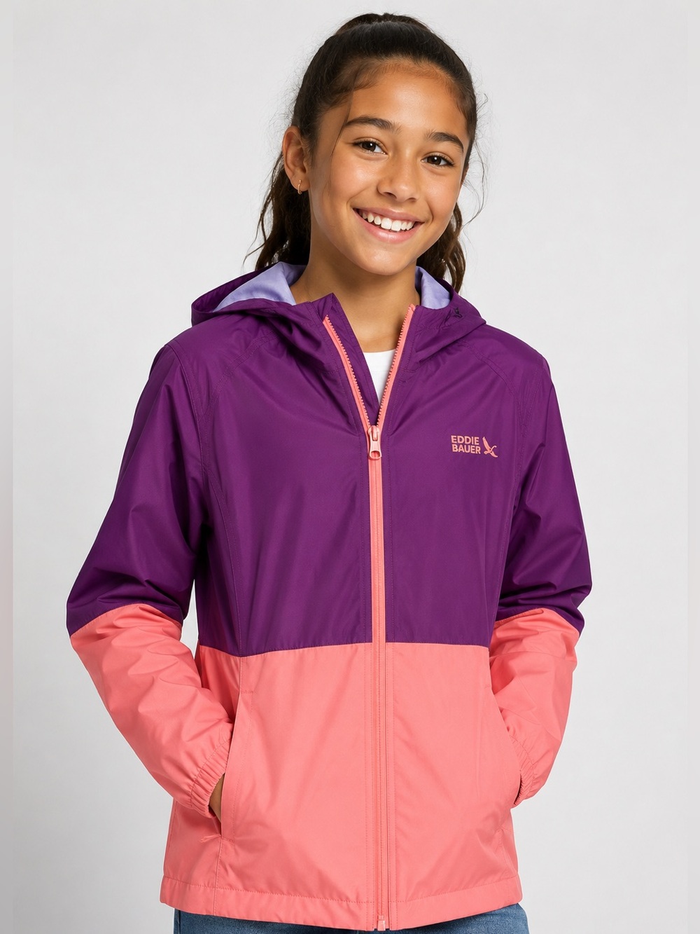 Eddie Bauer Girls L 14/16 Purple Coral Colorblock Hooded Rain Jacket